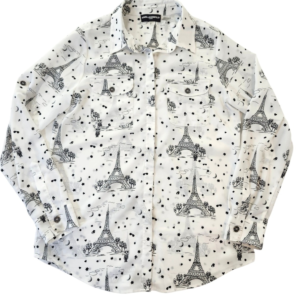 Karl Lagerfeld Paris Eiffel Tower whimsical crepe Long Sleeve Button Down Shirt
